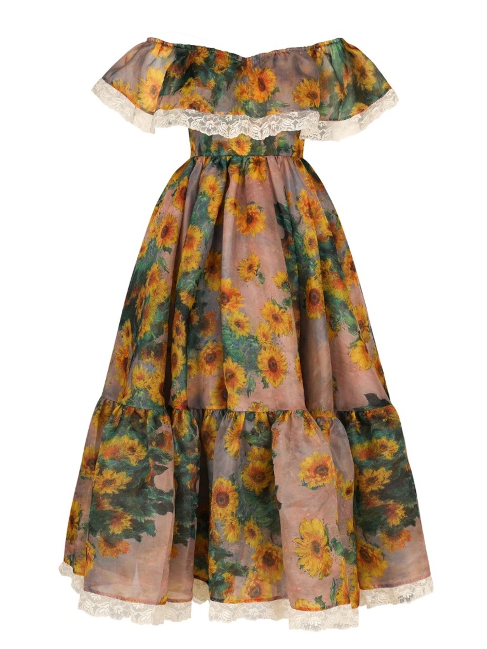 Selkie Sunflower Off-Shoulder Midi Dress in Yellow and Green
